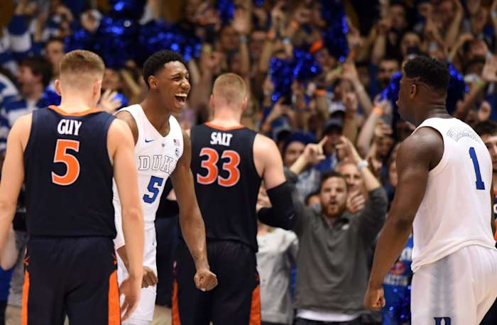 RJ Barrett and Zion Williams celebrate Duke's win over Virginia